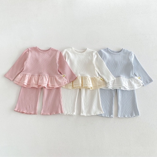 Autumn Infant Baby Kids Girls Long Sleeves Color Patchwork Top and Solid Color Pants Clothing Sets Wholesale