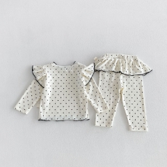 Autumn Infant Baby Kids Girls Long Sleeves Dots Pattern Top and Pants Clothing Sets Wholesale