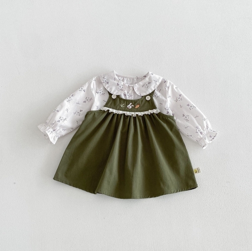 Autumn Infant Baby Kids Girls Long Sleeves Floral Shirt and Cartoon Dress Clothing Sets Wholesale