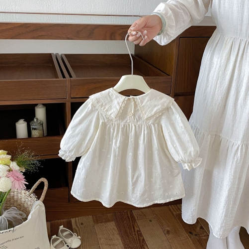 Spring and Autumn Infant Baby Girls Solid Color Long Sleeves One Piece Hollow-out Pattern Dress Wholesale