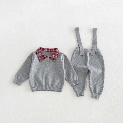 Autumn Infant Baby Kids Long Sleeves Plaid Collar Top and Solid Color Overalls Clothing Sets Wholesale