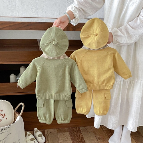 Autumn Infant Baby Kids Long Sleeves Plaid Collar Cardigan and Solid Color Pants Clothing Sets Wholesale