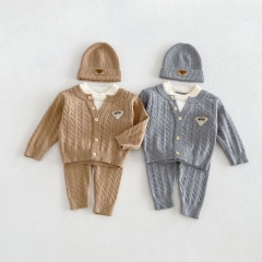 Autumn Infant Baby Kids Jacquard Long Sleeves Color Patchwork Sweater and Solid Color Pants Clothing Sets Wholesale