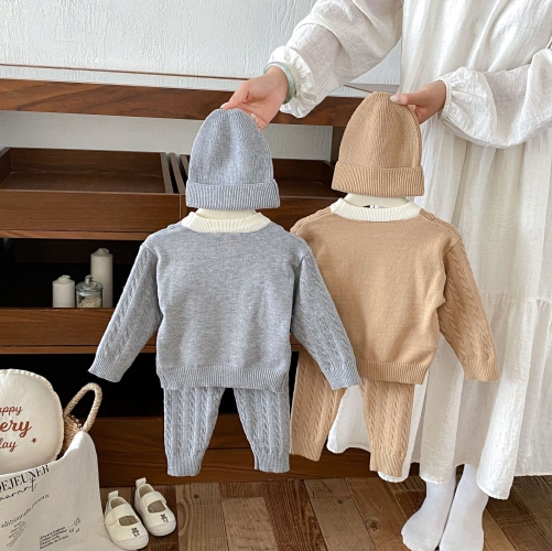 Autumn Infant Baby Kids Jacquard Long Sleeves Color Patchwork Sweater and Solid Color Pants Clothing Sets Wholesale