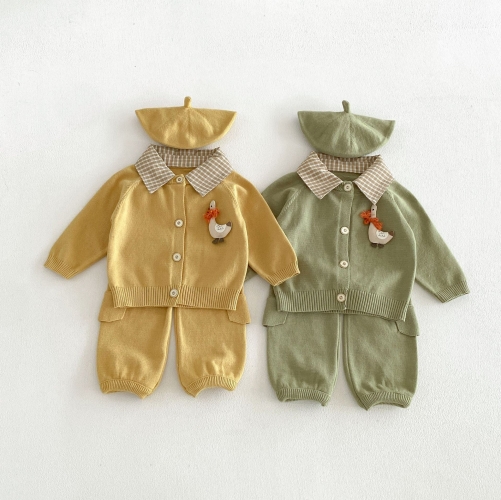 Autumn Infant Baby Kids Long Sleeves Plaid Collar Cardigan and Solid Color Pants Clothing Sets Wholesale