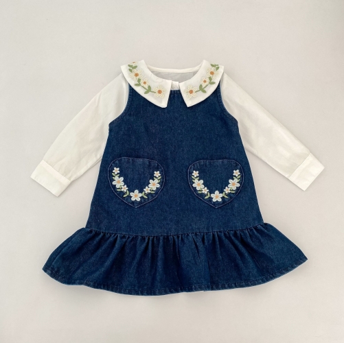 Autumn Infant Baby Kids Girls Long Sleeves Flowers Embroidered Collar Shirt and Dress Clothing Sets Wholesale