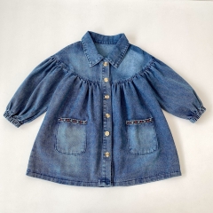 Spring and Autumn Infant Baby Girls Flowers Pattern Long Sleeves One Piece Denim Dress Wholesale
