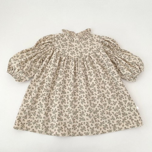 Spring and Autumn Infant Baby Girls Vintage Flowers Pattern Long Sleeves One Piece Dress Wholesale