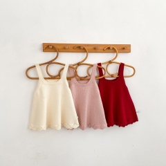 Spring and Autumn Infant Baby Girls Solid Color Sleeveless Hollow-out One Piece Dress Wholesale