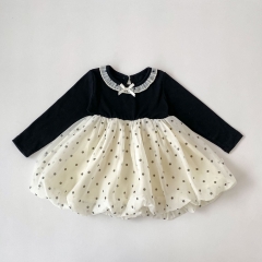 Spring and Autumn Infant Baby Girls Dots Pattern Long Sleeves Color Patchwork Dress Wholesale