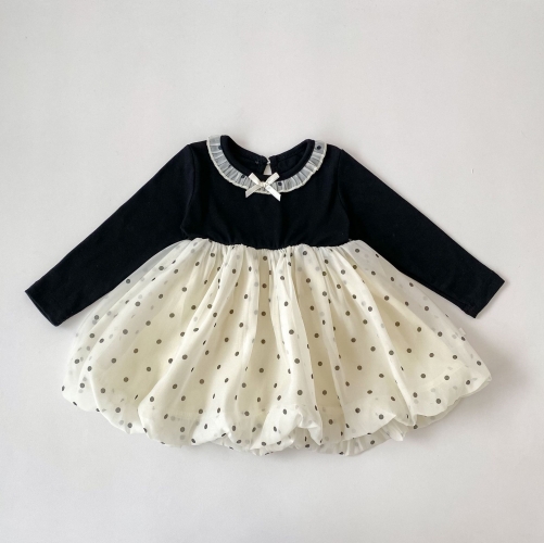 Spring and Autumn Infant Baby Girls Dots Pattern Long Sleeves Color Patchwork Dress Wholesale