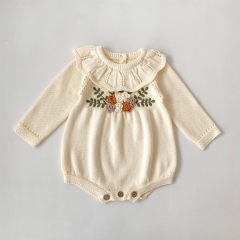 Spring and Autumn Infant Baby Girls Long Sleeves Embroidered Knitted Onesies Wholesale