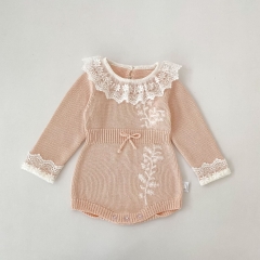 Spring and Autumn Infant Baby Girls Color Patchwork Long Sleeves Embroidered Knitted Onesies Wholesale