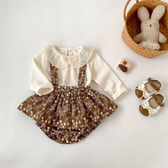 Autumn Infant Baby Kids Girls Long Sleeves Flowers Embroidered Collar Top and Vintage Overalls Clothing Sets Wholesale