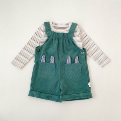 Autumn Infant Baby Kids Long Sleeves Striped Top and Green Overalls Clothing Sets Wholesale