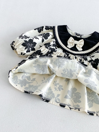 Spring and Autumn Infant Baby Girls Black Flowers Pattern Long Sleeves Dress Wholesale