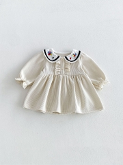 Spring and Autumn Infant Baby Girls Preppy Embroidered Collar Long Sleeves Corduroy Dress Wholesale