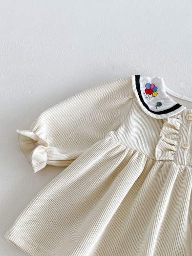 Spring and Autumn Infant Baby Girls Preppy Embroidered Collar Long Sleeves Corduroy Dress Wholesale