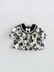 Spring and Autumn Infant Baby Girls Black Flowers Pattern Long Sleeves Dress Wholesale