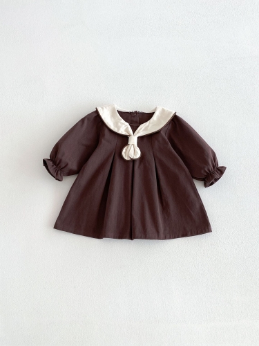 Spring and Autumn Infant Baby Girls Preppy Color Patchwork Long Sleeves Dress Wholesale