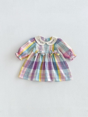 Spring and Autumn Infant Baby Girls Color Patchwork Long Sleeves Plaid Dress Wholesale