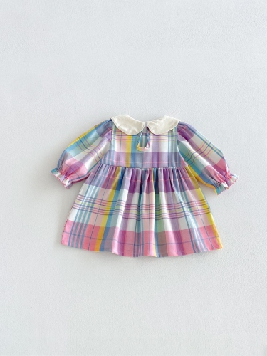 Spring and Autumn Infant Baby Girls Color Patchwork Long Sleeves Plaid Dress Wholesale