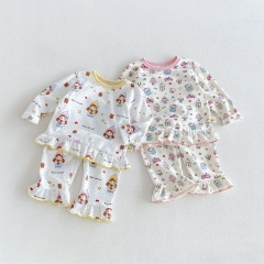 Autumn Infant Baby Kids Girls Long Sleeves Cartoon Pattern Top and Pants Clothing Sets Wholesale