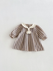 Spring and Autumn Infant Baby Girls Preppy Striped Long Sleeves Dress Wholesale