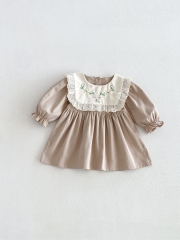 Spring and Autumn Infant Baby Girls Flowers Pattern Embroidered Long Sleeves Color Patchwork Dress Wholesale