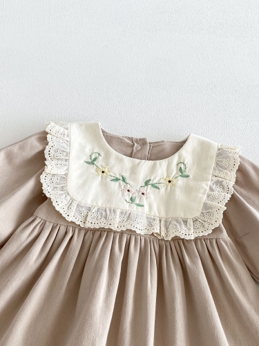 Spring and Autumn Infant Baby Girls Flowers Pattern Embroidered Long Sleeves Color Patchwork Dress Wholesale