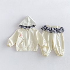 Autumn Infant Baby Kids Girls Long Sleeves Cartoon Hooded Zip-up Coat and Color Patchwork Pants Clothing Sets Wholesale