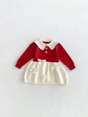 Winter and Autumn Infant Baby Girls Color Patchwork Collar Long Sleeves Knitted Dress Wholesale