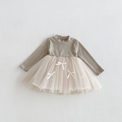 Spring and Autumn Infant Baby Girls Tulle Patchwork Long Sleeves Dress Wholesale