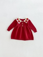 Winter and Autumn Infant Baby Girls Color Patchwork Collar Long Sleeves Knitted Dress Wholesale