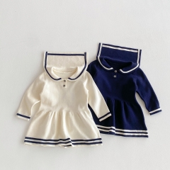 Spring and Autumn Infant Baby Girls Navy Collar Long Sleeves Knitted Dress Wholesale