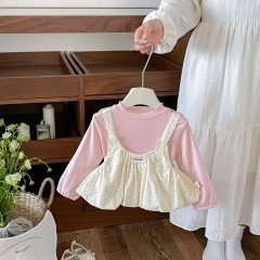 Autumn Infant Baby Kids Girls Long Sleeves Pink Top and Floral Strap Dress Clothing Sets Wholesale