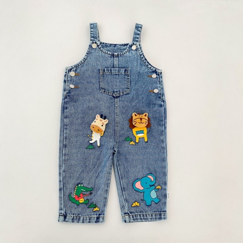 Spring and Autumn Infant Baby Kids Unisex Sleeveless One Piece Cartoon Pattern Denim Overalls Wholesale