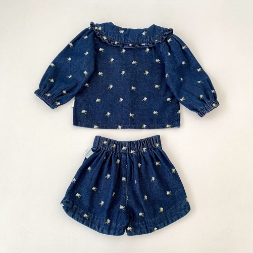 Autumn Infant Baby Kids Girls Long Sleeves Flowers Embroidered Denim Jacket and Shorts Clothing Sets Wholesale