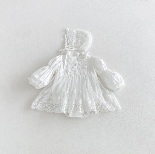 Spring and Autumn Infant Baby Girls Solid Color Long Sleeves One Piece Embroidered Tulle Onesies Dress Wholesale