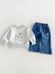 Autumn Infant Baby Kids Girls Long Sleeves Flowers Pattern Pullover and Jeans Clothing Sets Wholesale