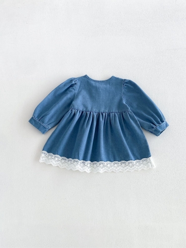 Spring and Autumn Infant Baby Girls Long Sleeves Lace Trim Denim Dress Wholesale