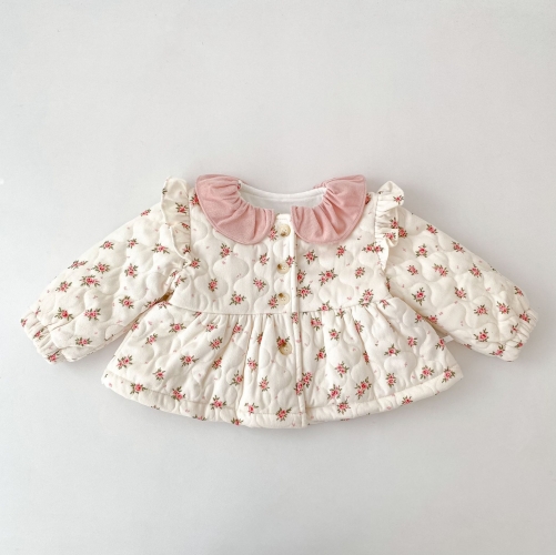 New Arrival Winter Infant Baby Kids Girls Flowers Pattern Fleece-lined Warm Long Sleeves Coat Wholesale
