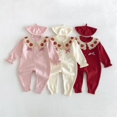 Spring and Autumn Infant Baby Girls Cute Strawberry Pattern Collar Long Sleeve Knitted One Piece Rompers Wholesale