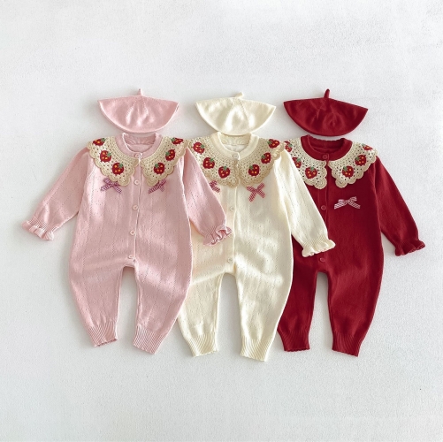 Spring and Autumn Infant Baby Girls Cute Strawberry Pattern Collar Long Sleeve Knitted One Piece Rompers Wholesale