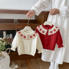 New Arrival Spring and Autumn Infant Baby Kids Girls Strawberry Pattern Collar Long Sleeves Cardigan Wholesale