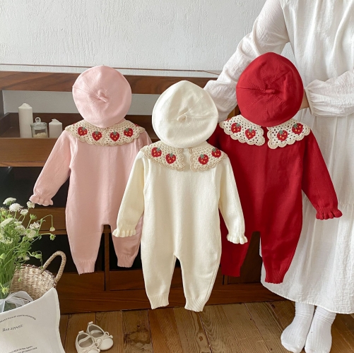 Spring and Autumn Infant Baby Girls Cute Strawberry Pattern Collar Long Sleeve Knitted One Piece Rompers Wholesale