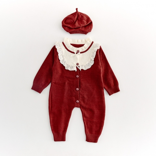 Spring and Autumn Infant Baby Girls Cute Lace Trim Color Patchwork Long Sleeve Knitted One Piece Rompers Wholesale