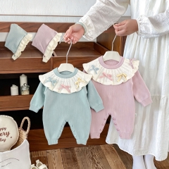 Spring and Autumn Infant Baby Girls Cute Color Patchwork Collar Long Sleeve Knitted One Piece Rompers Wholesale