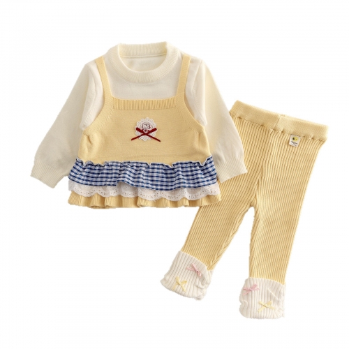 Autumn Infant Baby Kids Girls Color Patchwork Long Sleeves Pullover and Pants Knitted Clothing Sets Wholesale