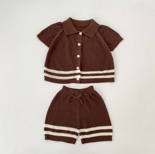 Summer Infant Baby Unisex Striped Pattern Short Sleeves Hollow-out Shirt and Shorts Set Wholesale